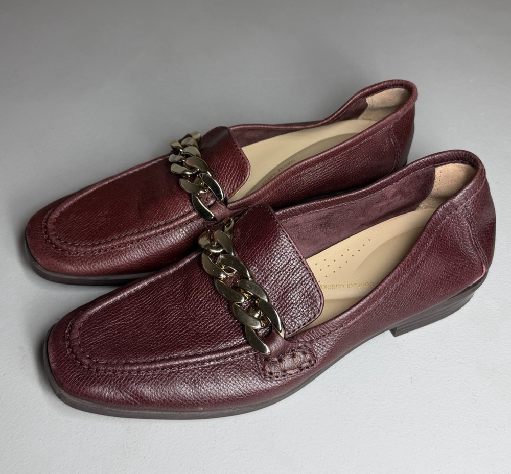 Clarks Sarafyna Iris Loafers Womens 7 Burgundy Leather Shoes Gold Tone Chain
